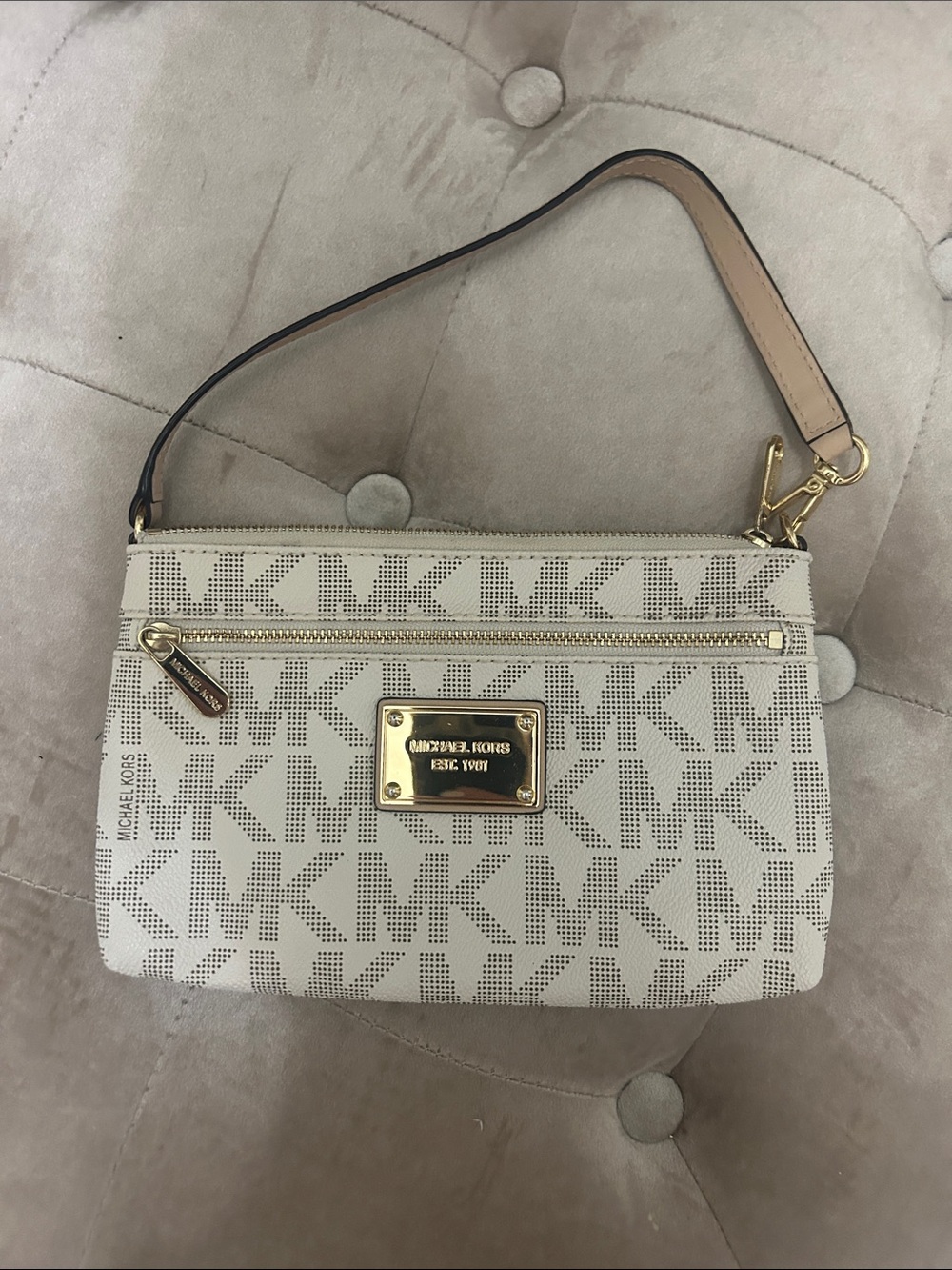 Michael Kors Cream Beige MK Logo Wristlet with Gold Hardware